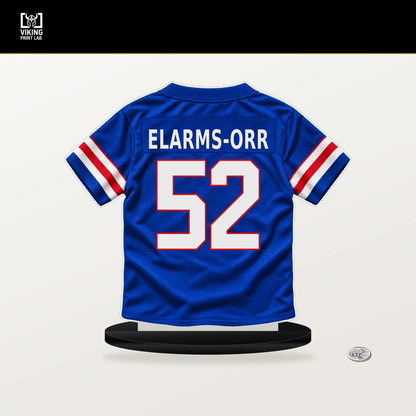 Kaleb Elarms-Orr number 52 Buffalo Bills jersey stand with included black base.