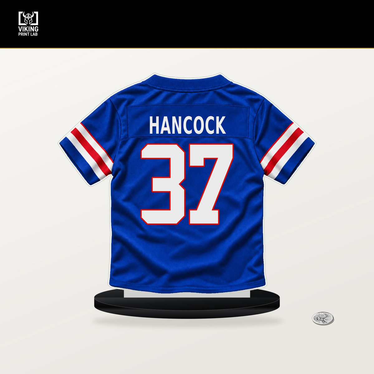 Jordan Hancock number 37 Buffalo Bills jersey stand with included black base.