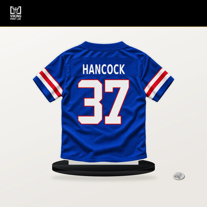 Jordan Hancock number 37 Buffalo Bills jersey stand with included black base.