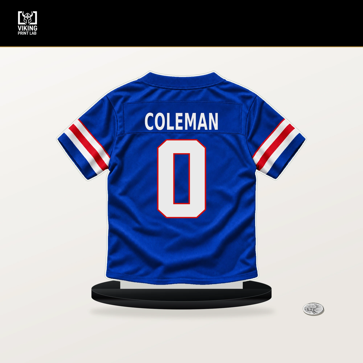 Keon Coleman number 0 Buffalo Bills jersey stand with included black base.