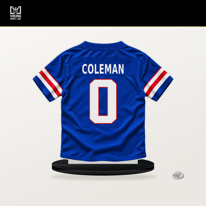 Keon Coleman number 0 Buffalo Bills jersey stand with included black base.