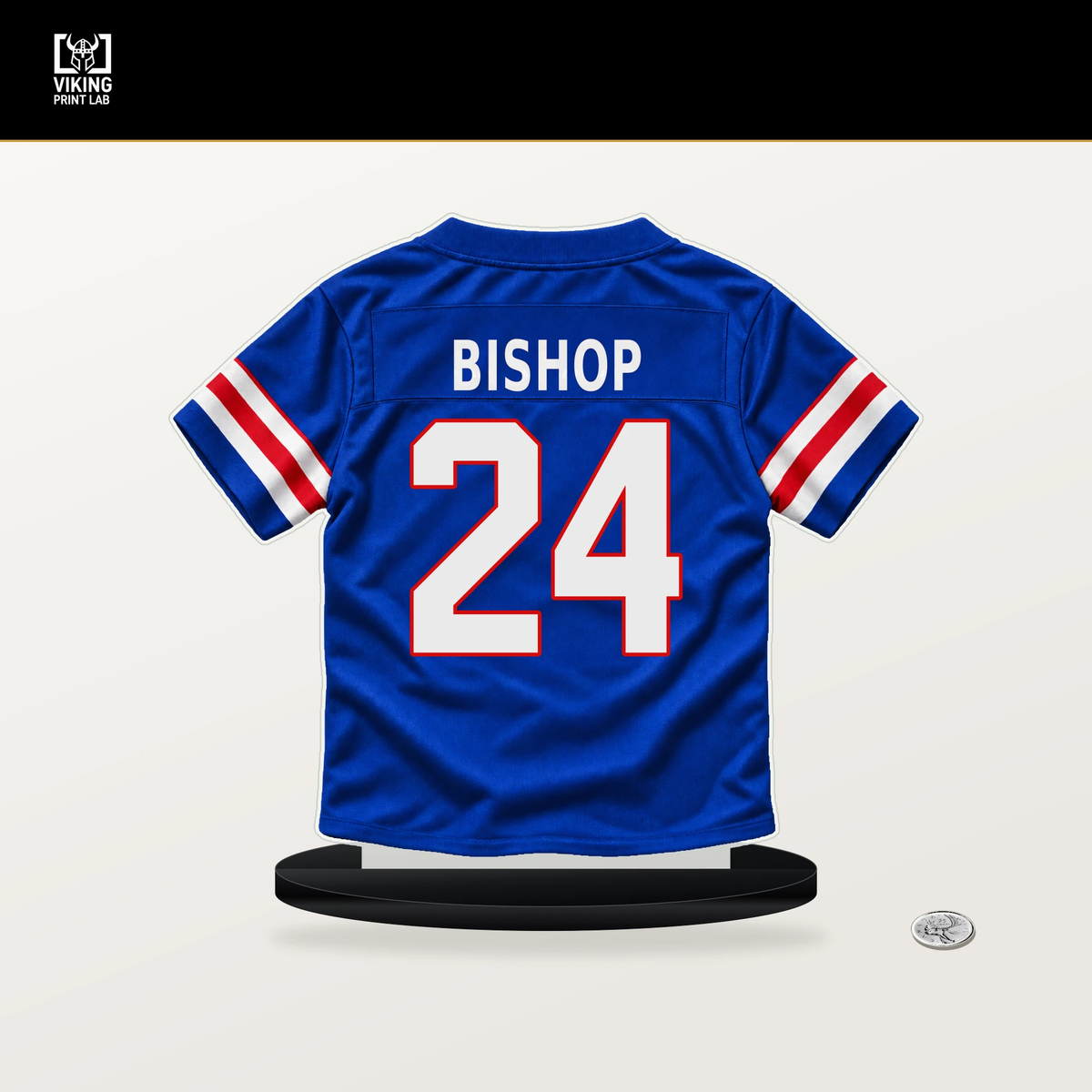 Cole Bishop number 24 Buffalo Bills jersey stand with included black base.