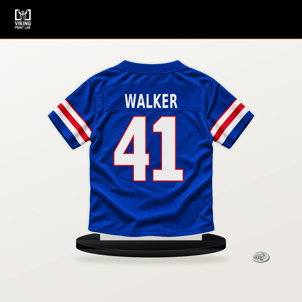 Kani Walker number 41 Buffalo Bills jersey stand with included black base.