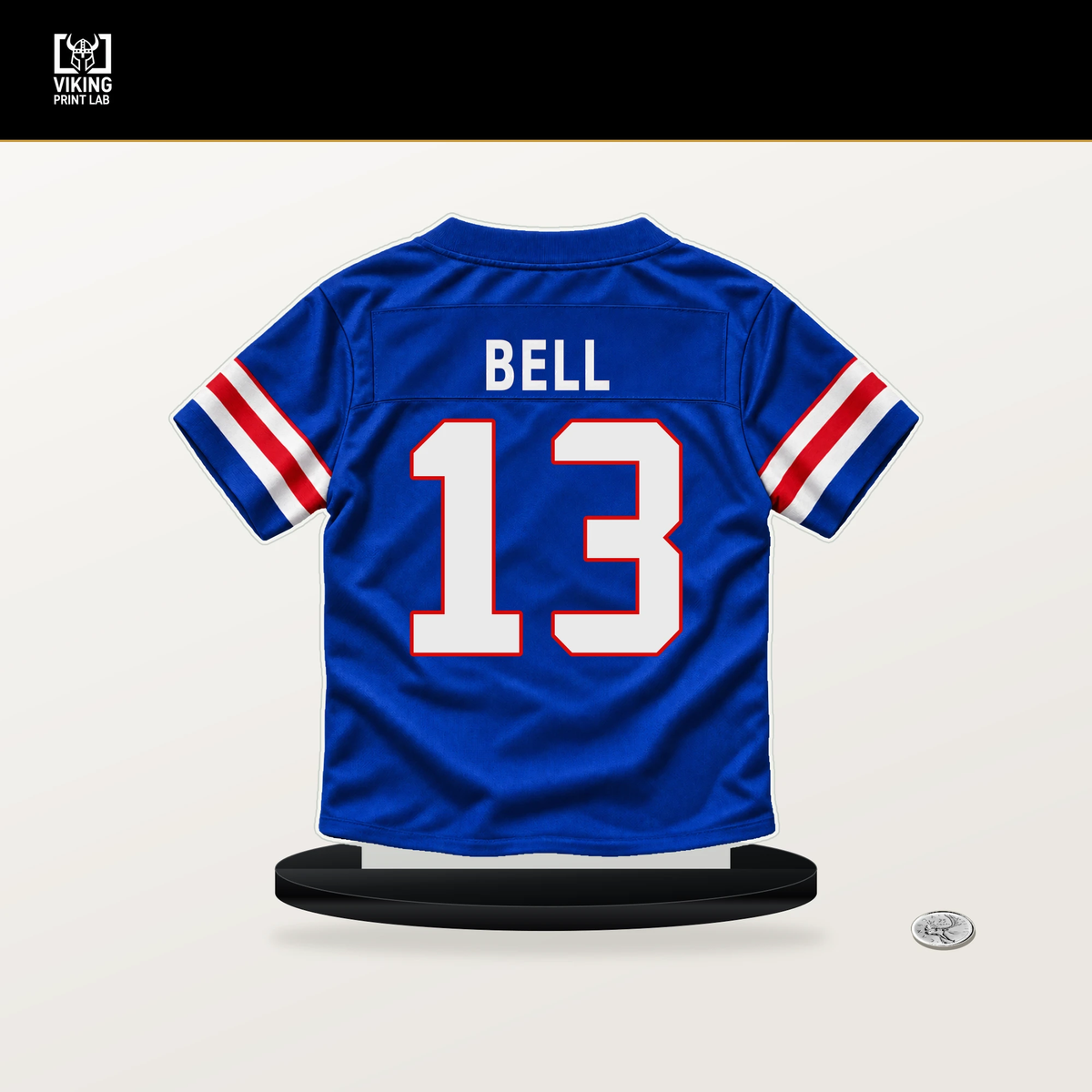 Skyler Bell number 13 Buffalo Bills jersey stand with included black base.