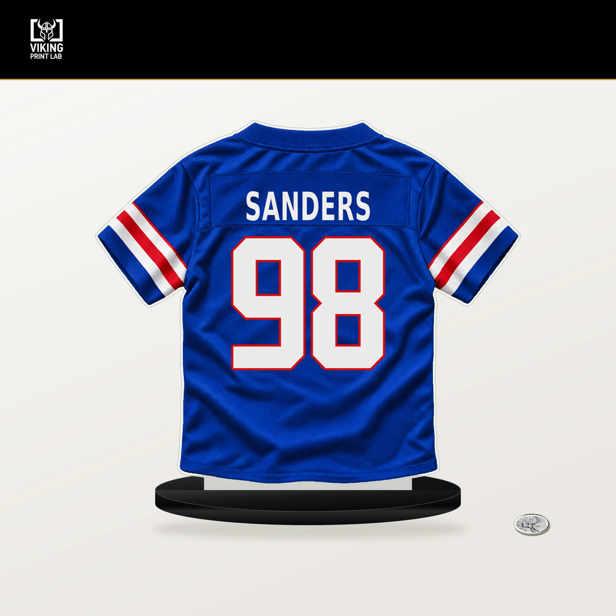T.J. Sanders number 98 Buffalo Bills jersey stand with included black base.