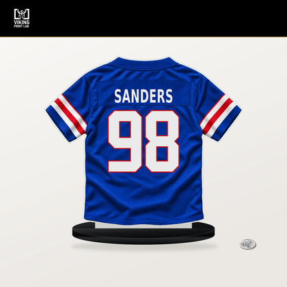 T.J. Sanders number 98 Buffalo Bills jersey stand with included black base.