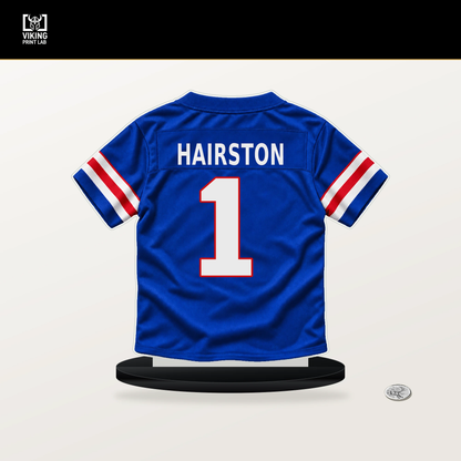 Maxwell Hairston number 1 Buffalo Bills jersey stand with included black base.