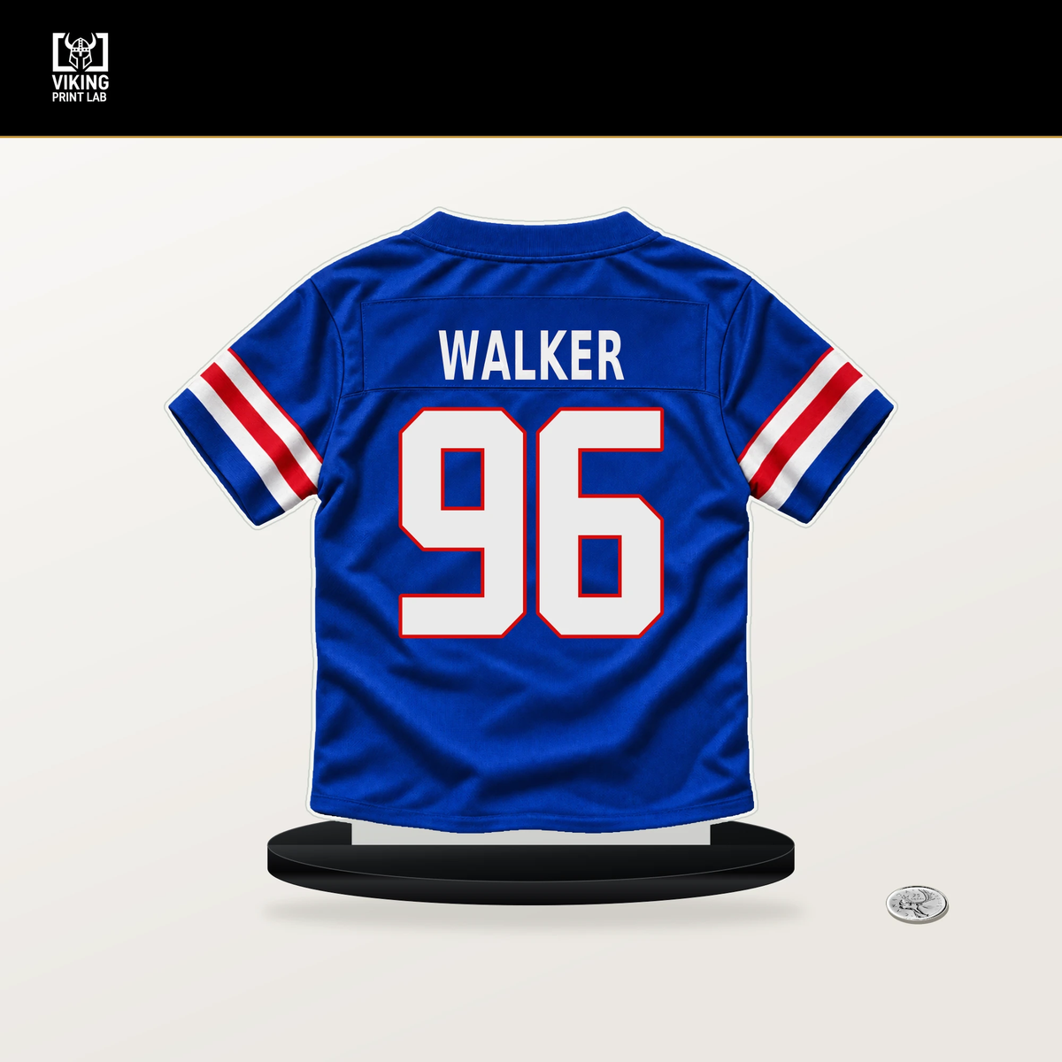 Deone Walker number 96 Buffalo Bills jersey stand with included black base.