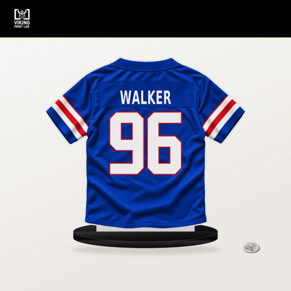 Deone Walker number 96 Buffalo Bills jersey stand with included black base.