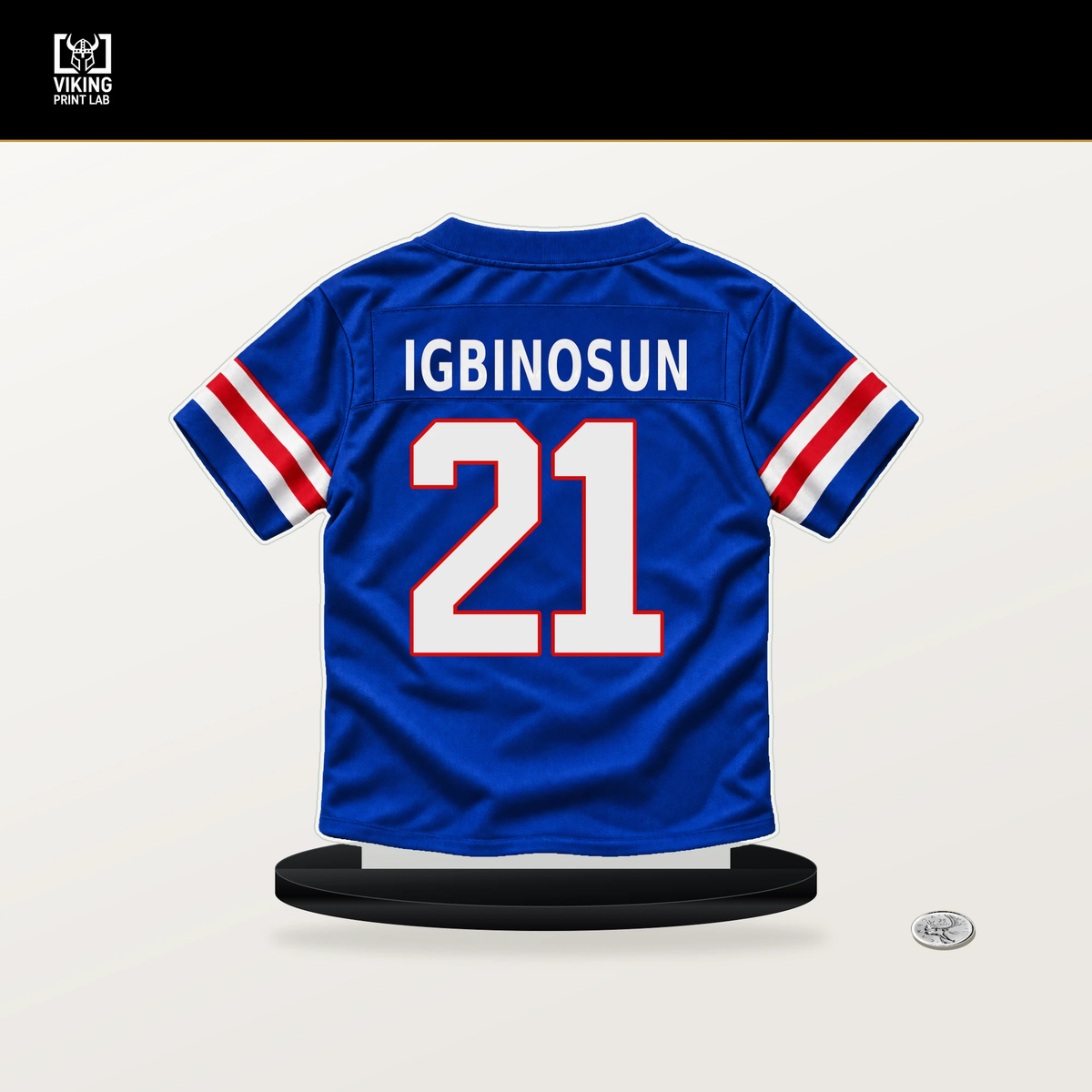 Davison Igbinosun number 21 Buffalo Bills jersey stand with included black base.