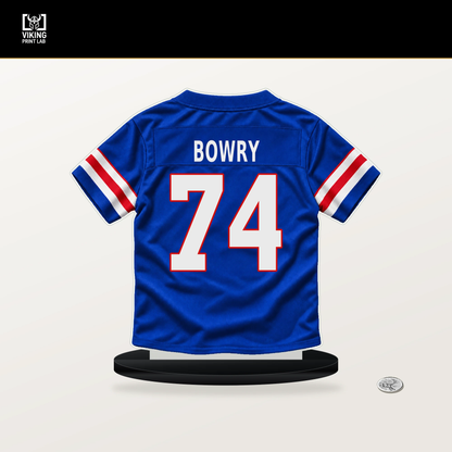 Jude Bowry number 74 Buffalo Bills jersey stand with included black base.
