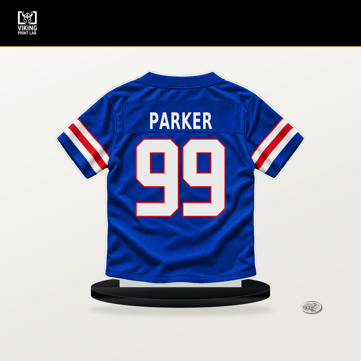 TJ Parker number 99 Buffalo Bills jersey stand with included black base.