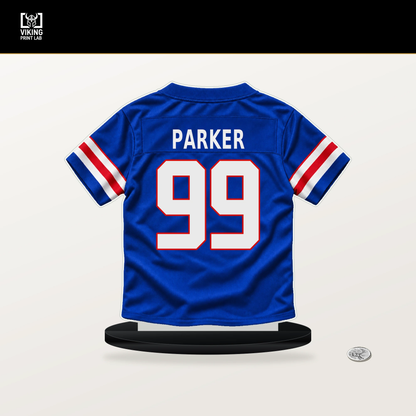 TJ Parker number 99 Buffalo Bills jersey stand with included black base.