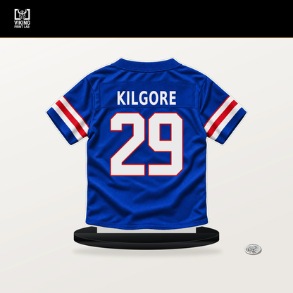 Jalon Kilgore number 29 Buffalo Bills jersey stand with included black base.