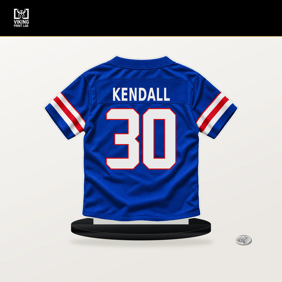 Anthony Kendall number 30 Buffalo Bills jersey stand with included black base.