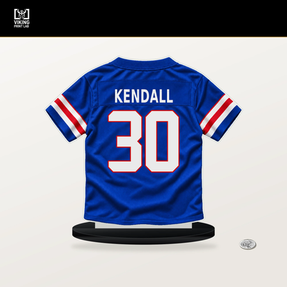 Anthony Kendall number 30 Buffalo Bills jersey stand with included black base.