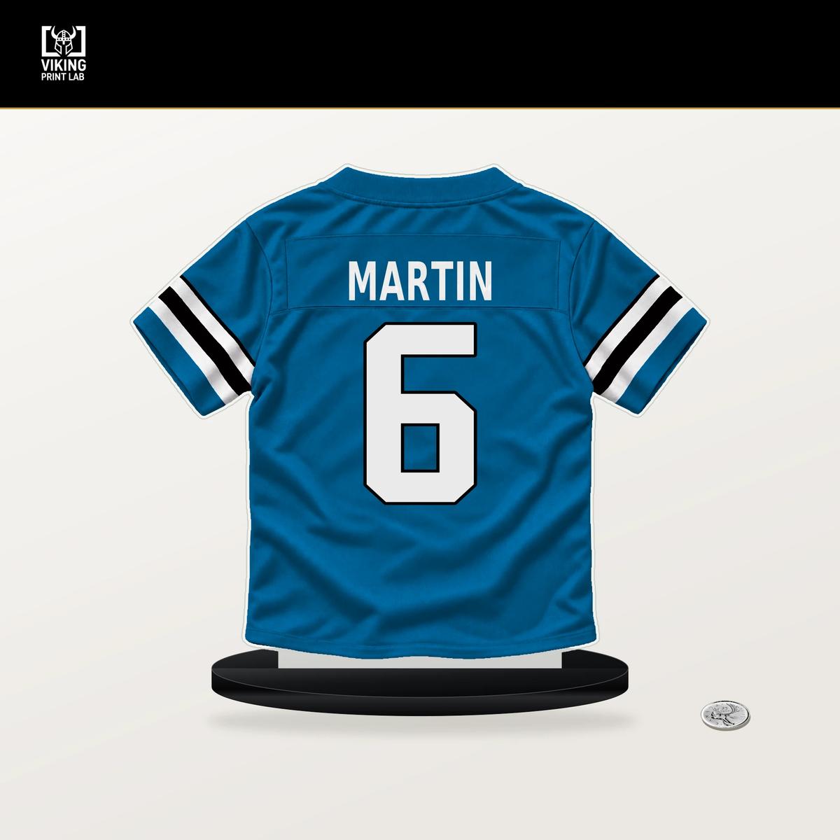 Sam Martin number 6 Carolina Panthers jersey stand with included black base.