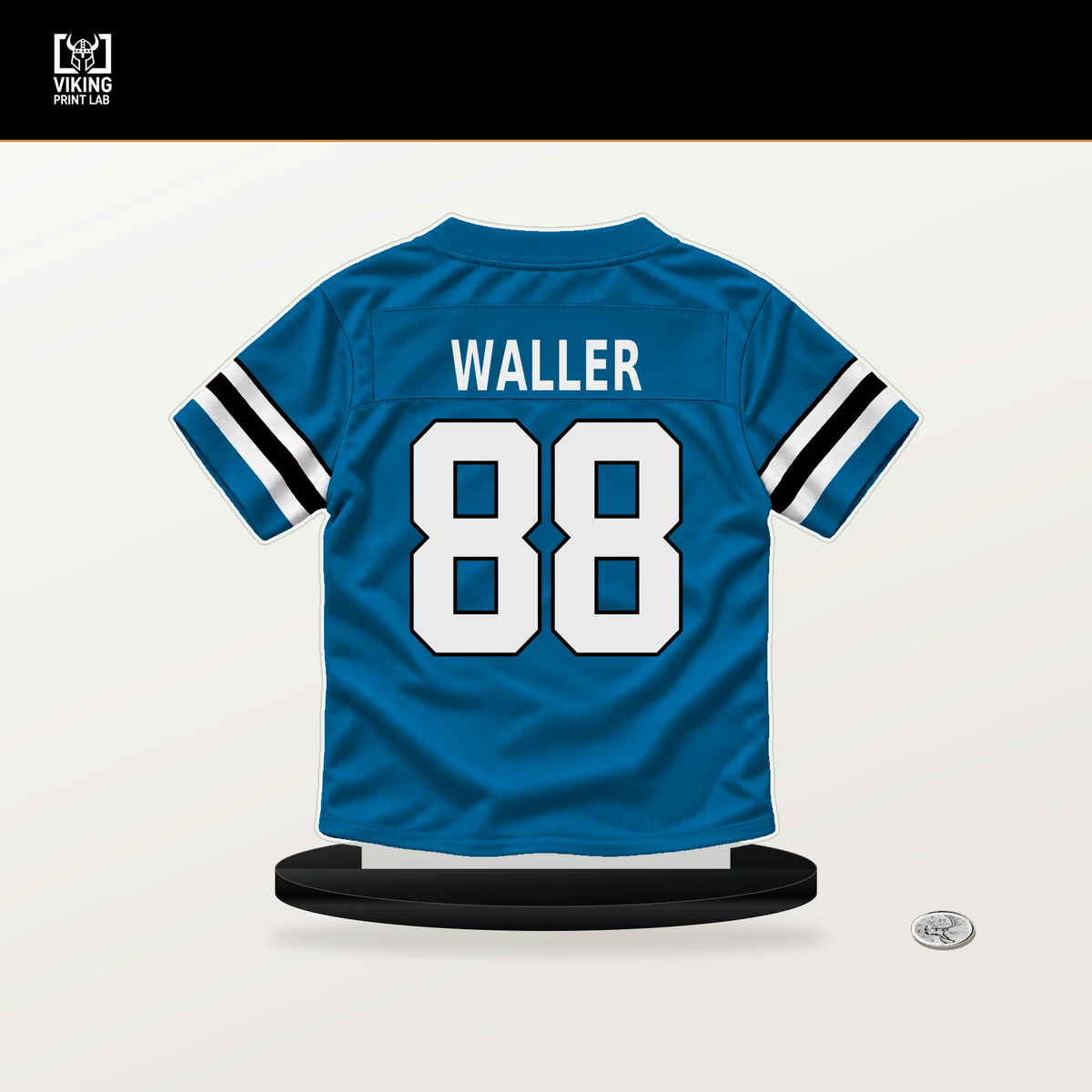 Darren Waller number 88 Carolina Panthers jersey stand with included black base.