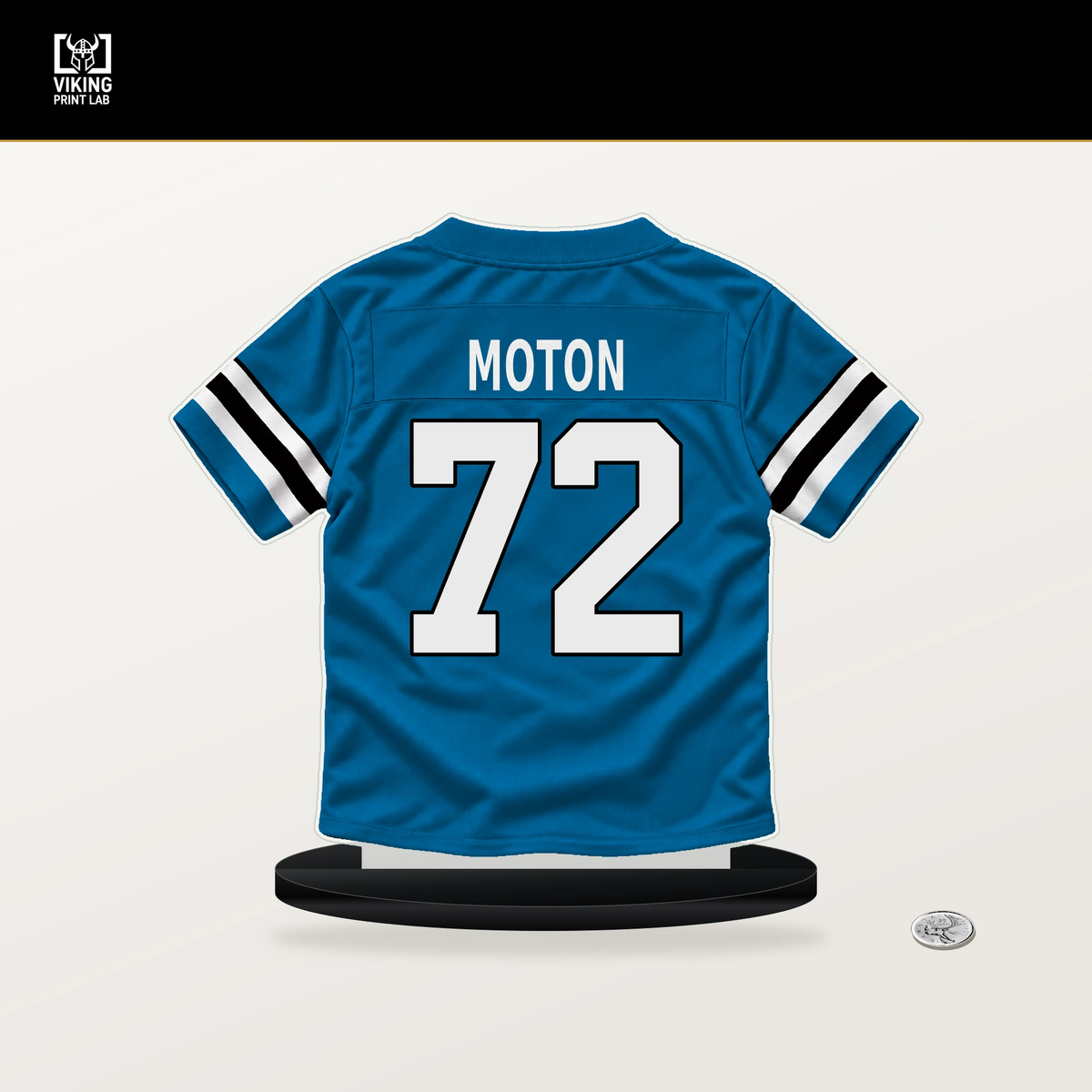 Taylor Moton number 72 Carolina Panthers jersey stand with included black base.