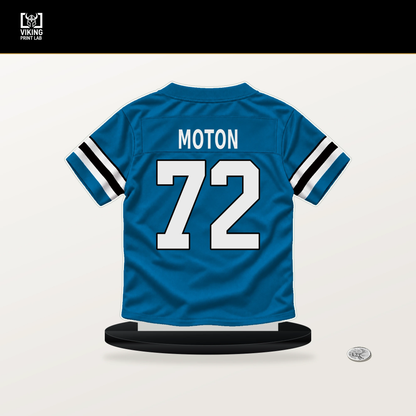 Taylor Moton number 72 Carolina Panthers jersey stand with included black base.