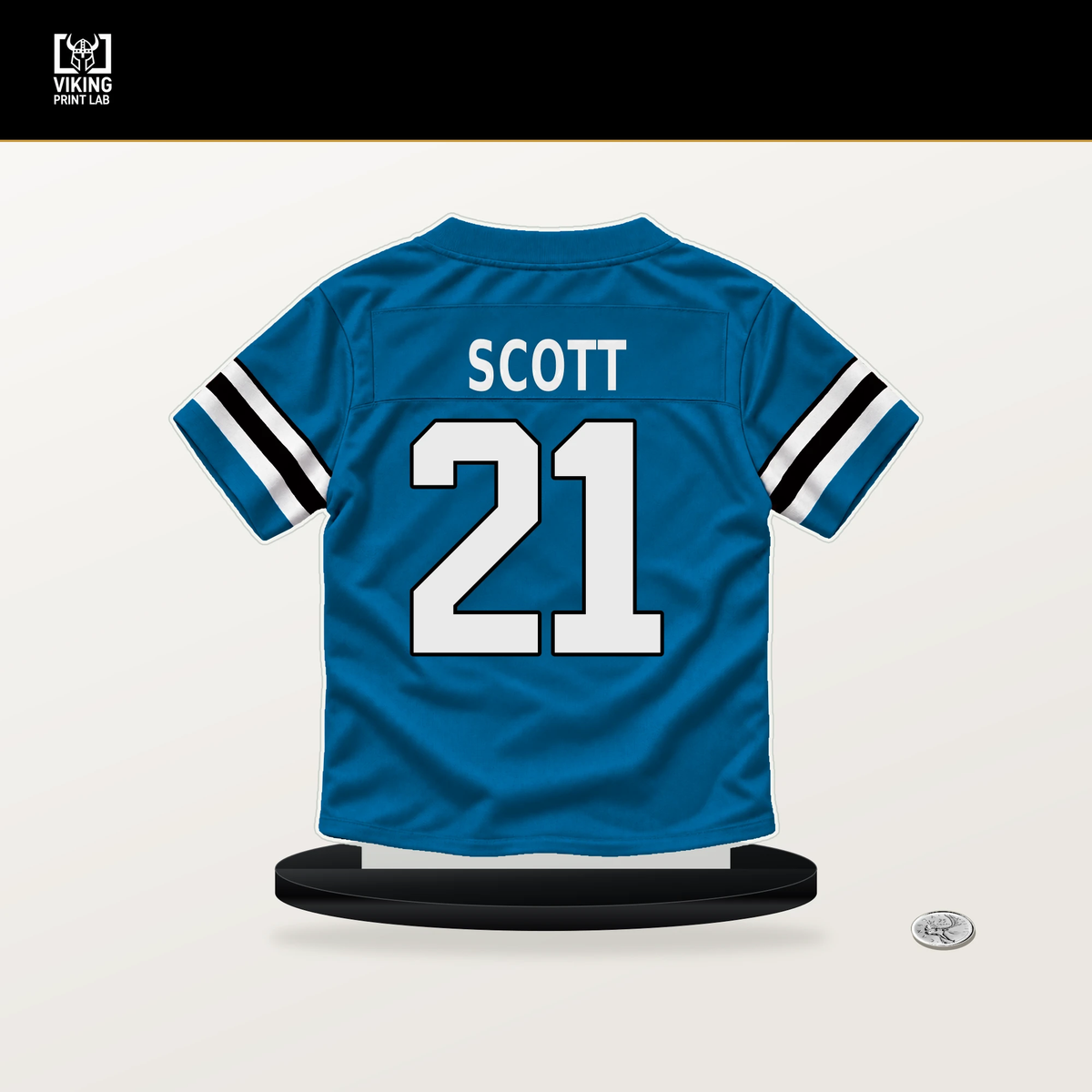 Nick Scott number 21 Carolina Panthers jersey stand with included black base.