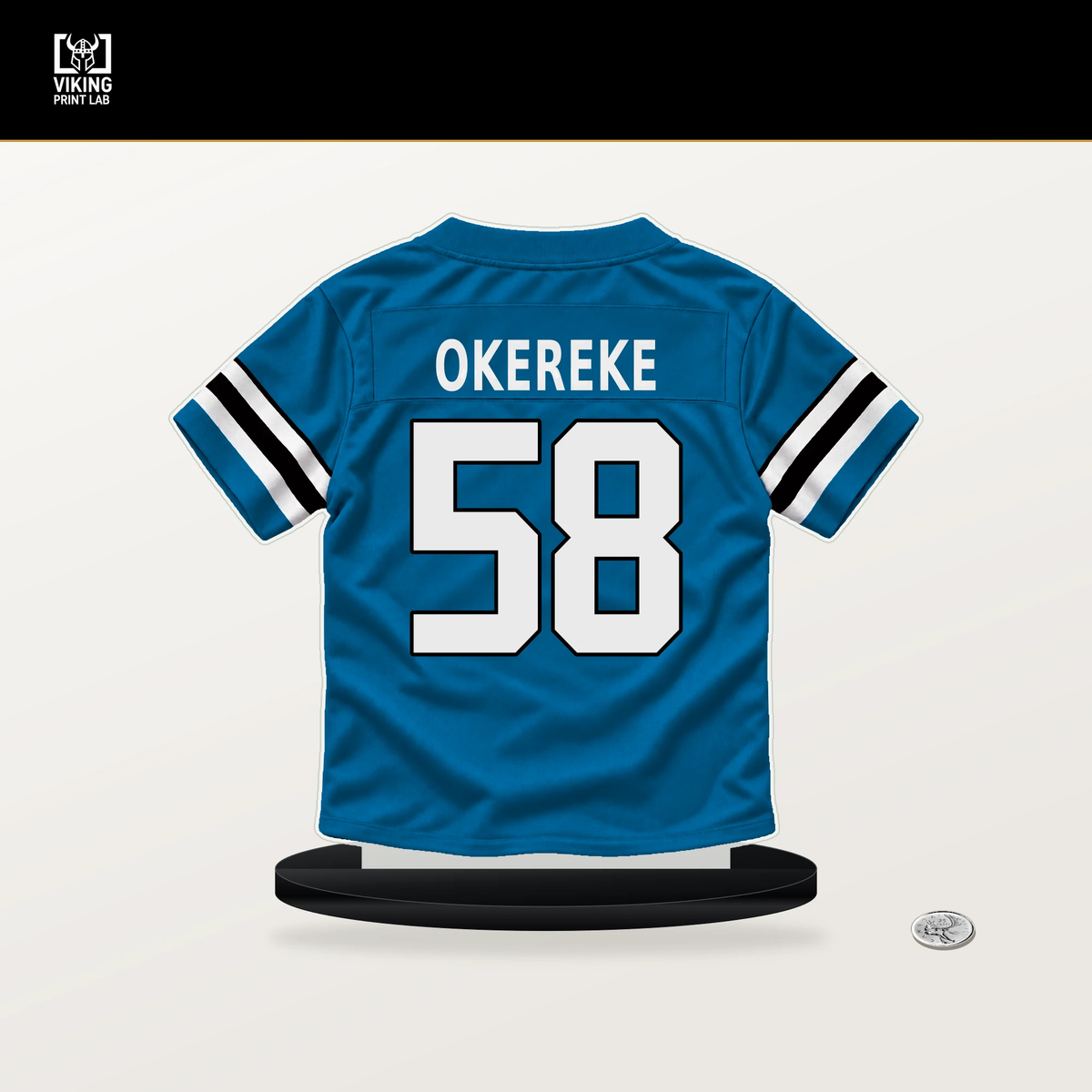 Bobby Okereke number 58 Carolina Panthers jersey stand with included black base.