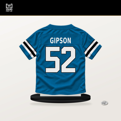 Trevis Gipson number 52 Carolina Panthers jersey stand with included black base.