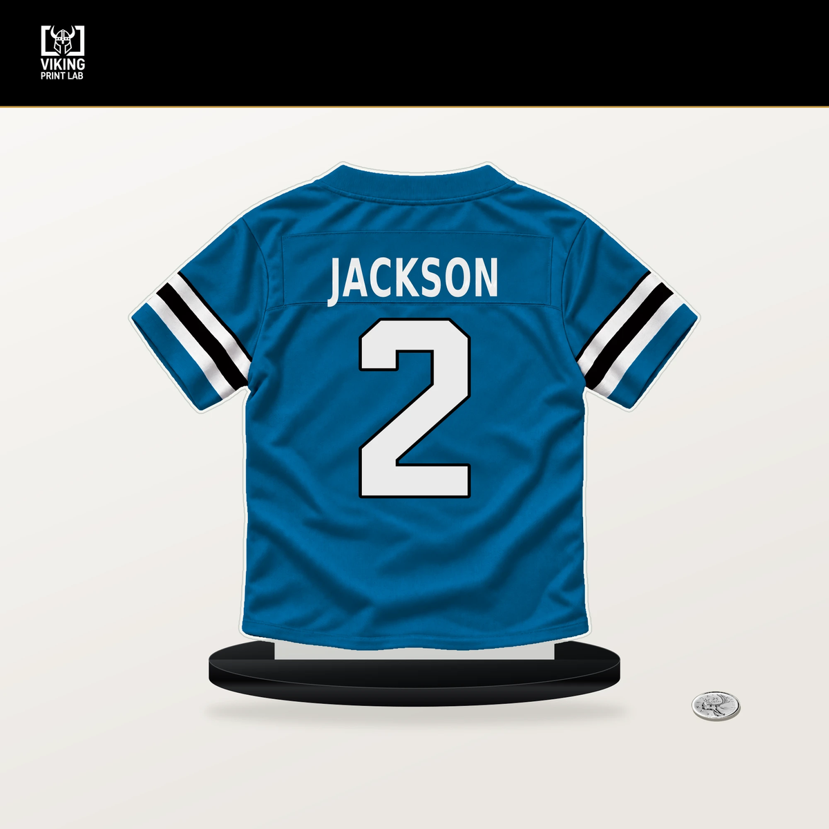 Mike Jackson number 2 Carolina Panthers jersey stand with included black base.