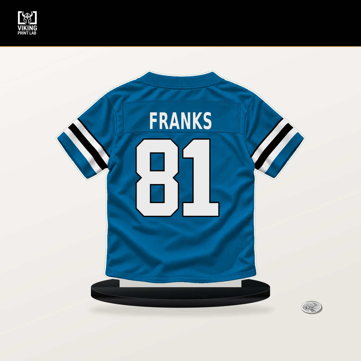 Feleipe Franks number 81 Carolina Panthers jersey stand with included black base.