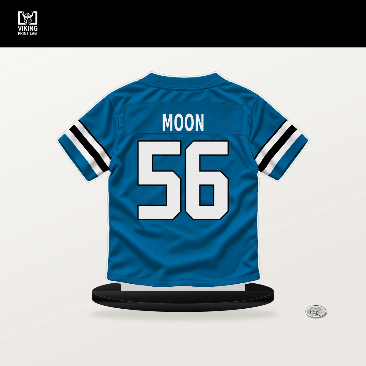 Jeremiah Moon number 56 Carolina Panthers jersey stand with included black base.