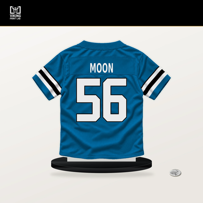 Jeremiah Moon number 56 Carolina Panthers jersey stand with included black base.