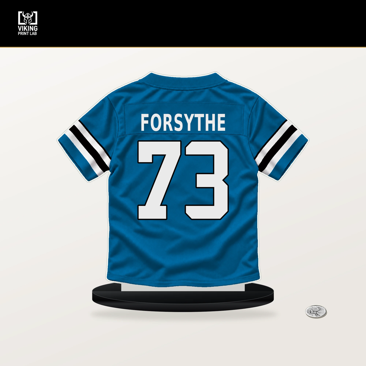 Stone Forsythe number 73 Carolina Panthers jersey stand with included black base.