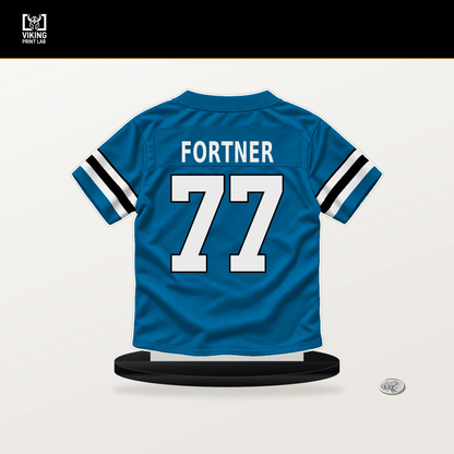 Luke Fortner number 77 Carolina Panthers jersey stand with included black base.