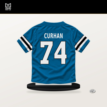Jake Curhan number 74 Carolina Panthers jersey stand with included black base.