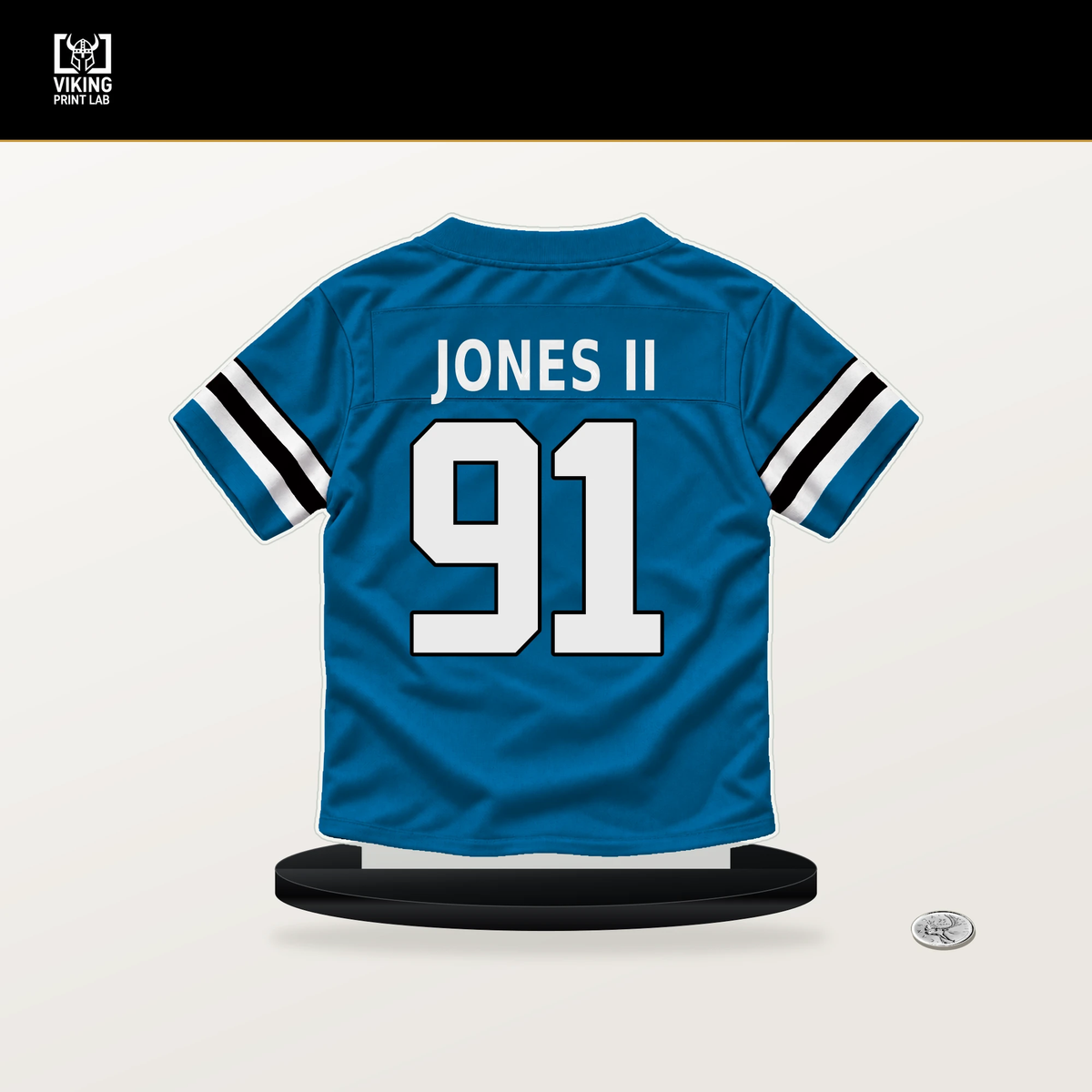 Patrick Jones II number 91 Carolina Panthers jersey stand with included black base.