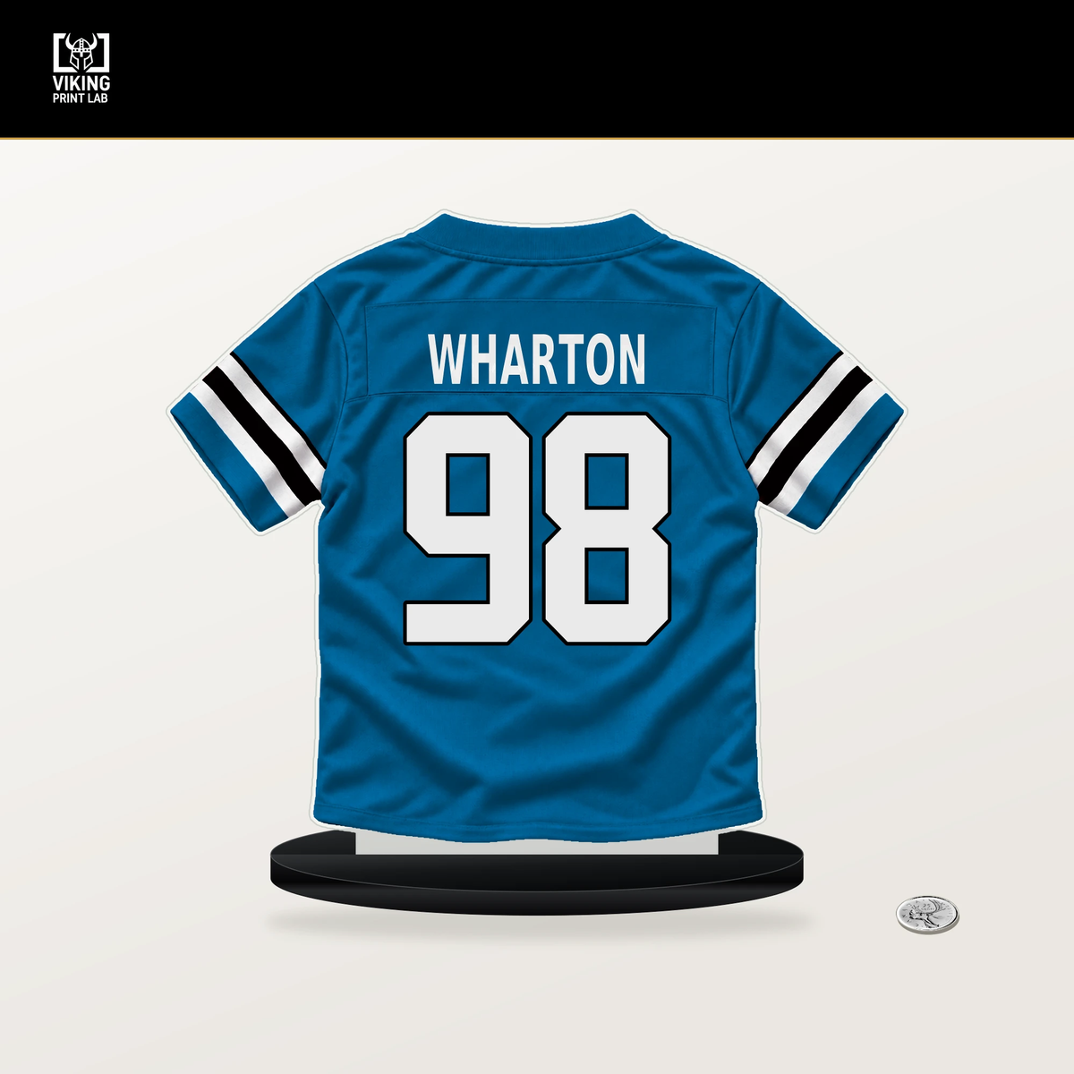 Tershawn Wharton number 98 Carolina Panthers jersey stand with included black base.