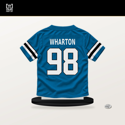 Tershawn Wharton number 98 Carolina Panthers jersey stand with included black base.