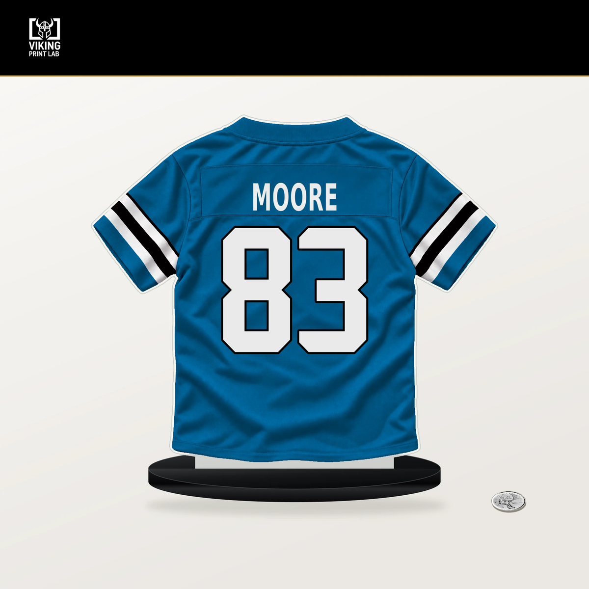 David Moore number 83 Carolina Panthers jersey stand with included black base.