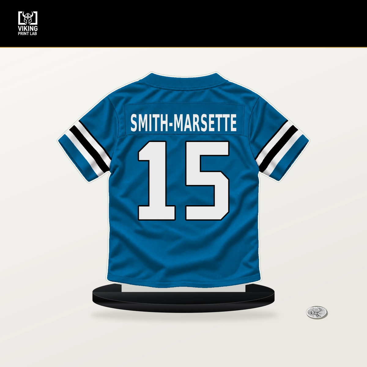 Ihmir Smith-Marsette number 15 Carolina Panthers jersey stand with included black base.