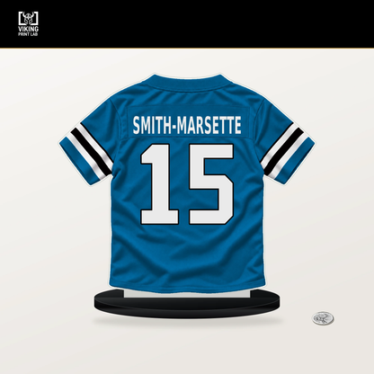 Ihmir Smith-Marsette number 15 Carolina Panthers jersey stand with included black base.