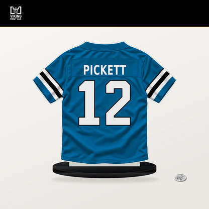 Kenny Pickett number 12 Carolina Panthers jersey stand with included black base.