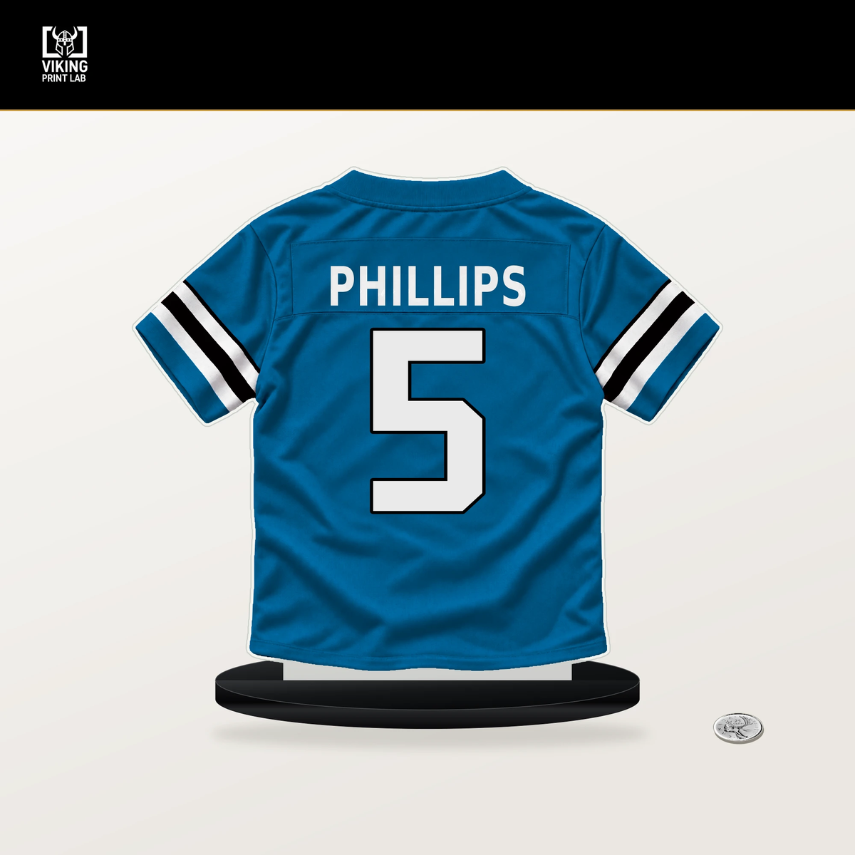 Jaelan Phillips number 5 Carolina Panthers jersey stand with included black base.