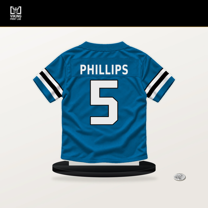 Jaelan Phillips number 5 Carolina Panthers jersey stand with included black base.