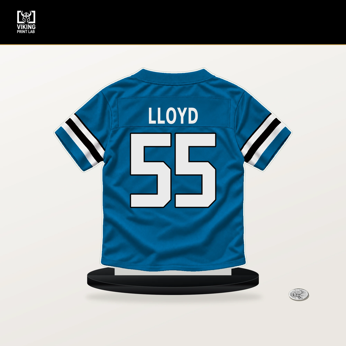 Devin Lloyd number 55 Carolina Panthers jersey stand with included black base.