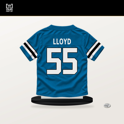 Devin Lloyd number 55 Carolina Panthers jersey stand with included black base.