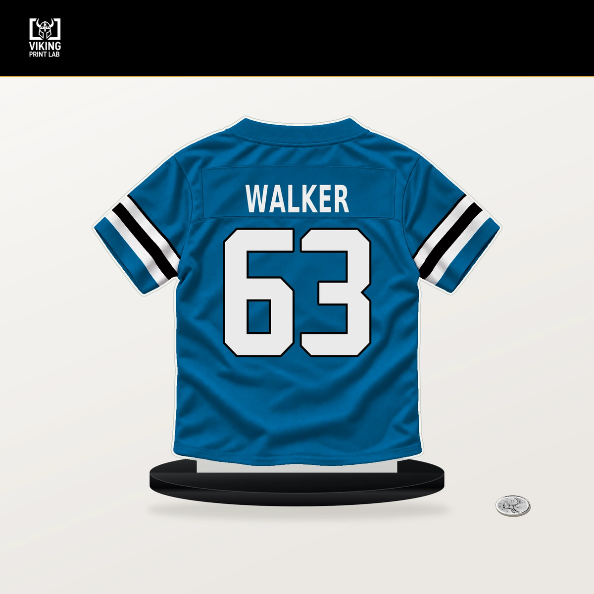 Rasheed Walker number 63 Carolina Panthers jersey stand with included black base.