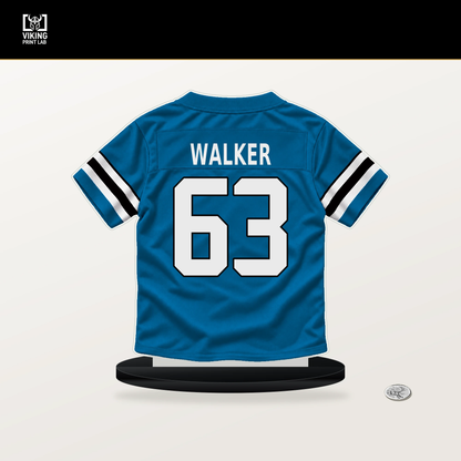 Rasheed Walker number 63 Carolina Panthers jersey stand with included black base.