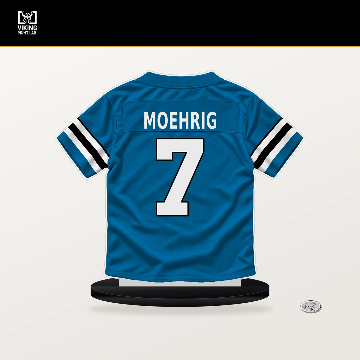 Tre'von Moehrig number 7 Carolina Panthers jersey stand with included black base.