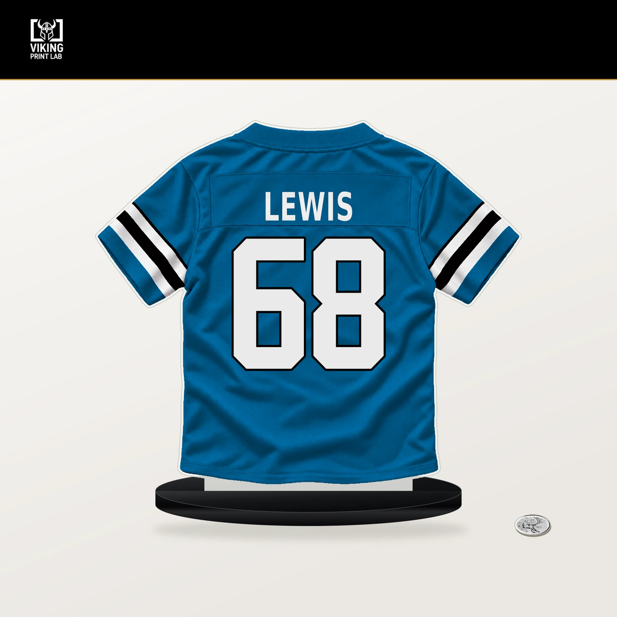 Damien Lewis number 68 Carolina Panthers jersey stand with included black base.