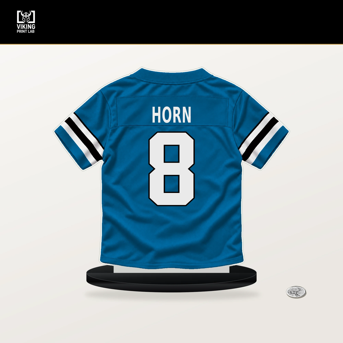 Jaycee Horn number 8 Carolina Panthers jersey stand with included black base.